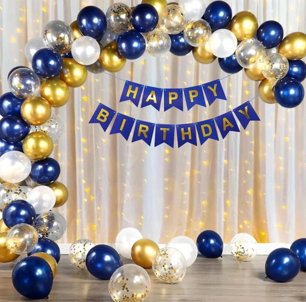 🌟 Royal Blue & Gold Birthday Setup  Description: Royal blue aur gold balloons ka classy combination is decoration ko ek premium look deta hai. Crown aur star balloons ke saath yeh setup birthday celebration ko royal aur elegant banata hai.