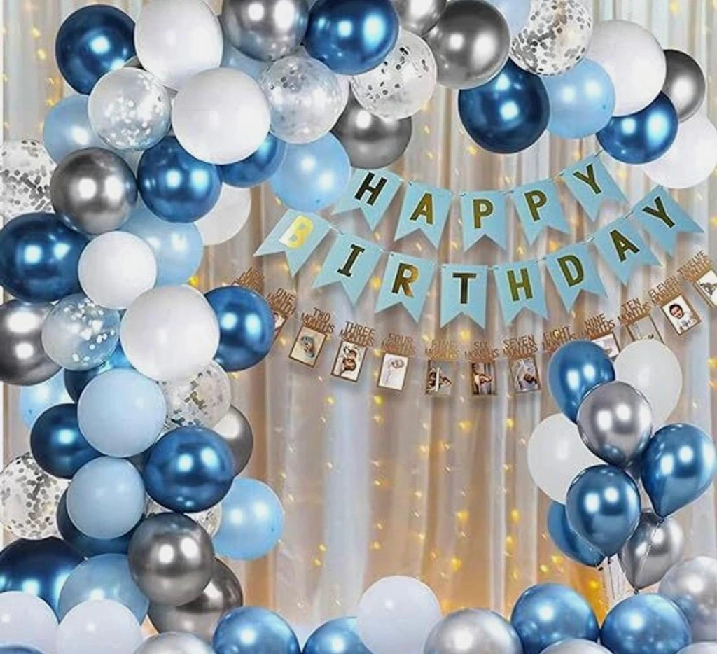 ✨ Fairy Light Balloon Backdrop  Description: White aur blue balloons ke saath fairy lights ka combination ek magical vibe create karta hai. Night celebrations aur indoor parties ke liye best choice.