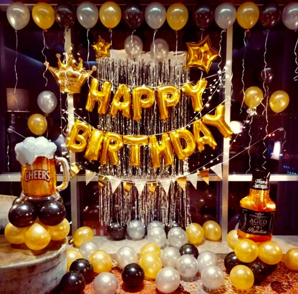 premium decor, GOLDEN STAR BLACK GOLDEN SILVER BALLOONS PARTY A1